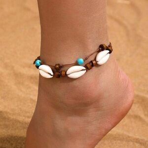 Double Layered Beachy Cowry Shell Anklet w/ Wooden & Blue Turquoise Color Beads